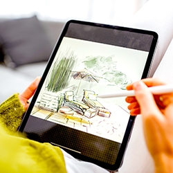 Artist or designer making landscape design, drawing on a digital tablet with pencil, close-up on a screen. Designing on a digital touchpad concept