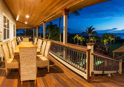 Beautiful Home Exterior Patio Deck and Dining Table with Sunset View